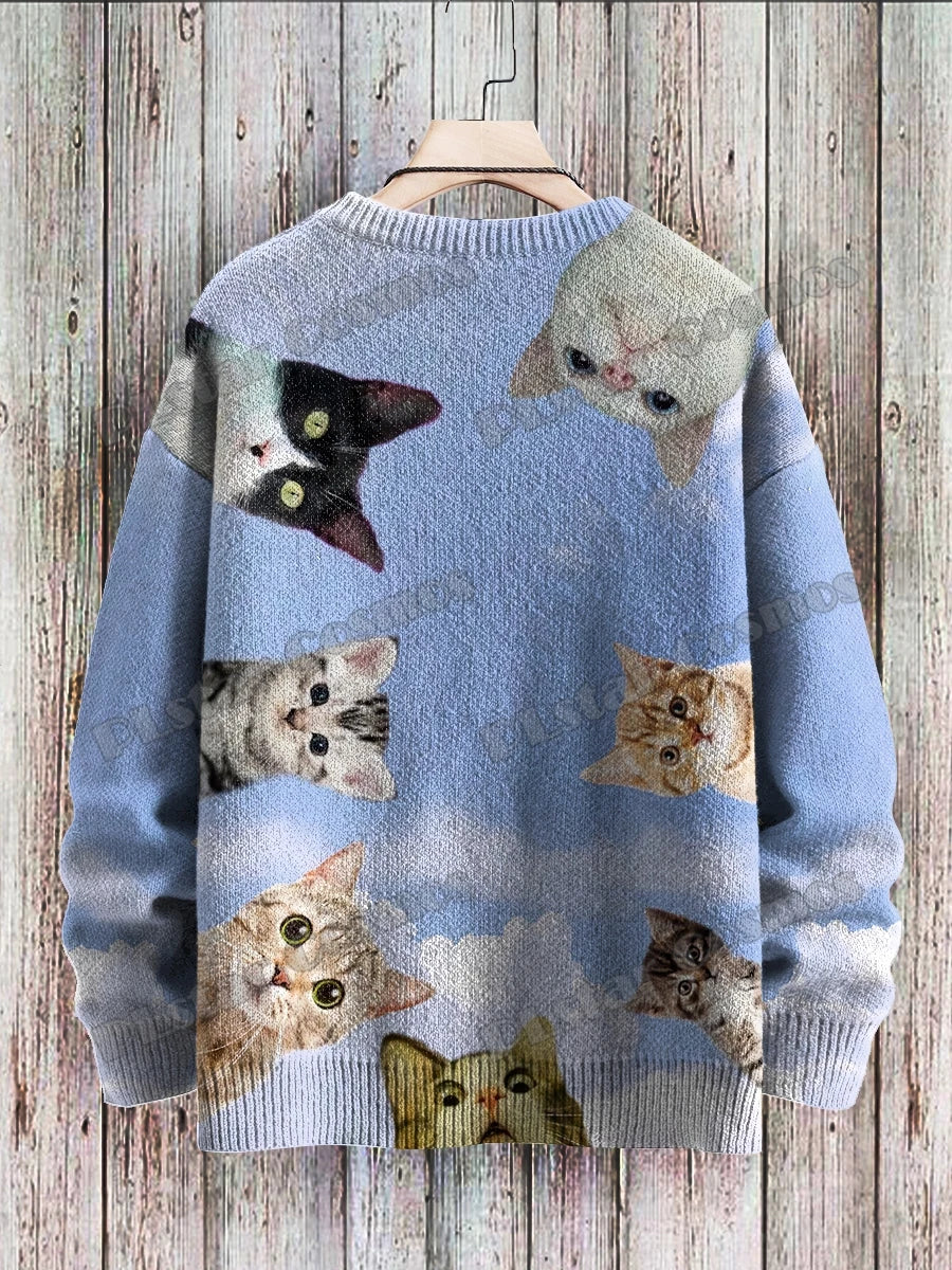 Men's Cat Print Crew Neck Long Sleeve Sweater