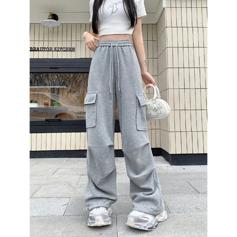 Women's Wide Leg Cargo Pants with Drawstring Waist and Flap Pockets