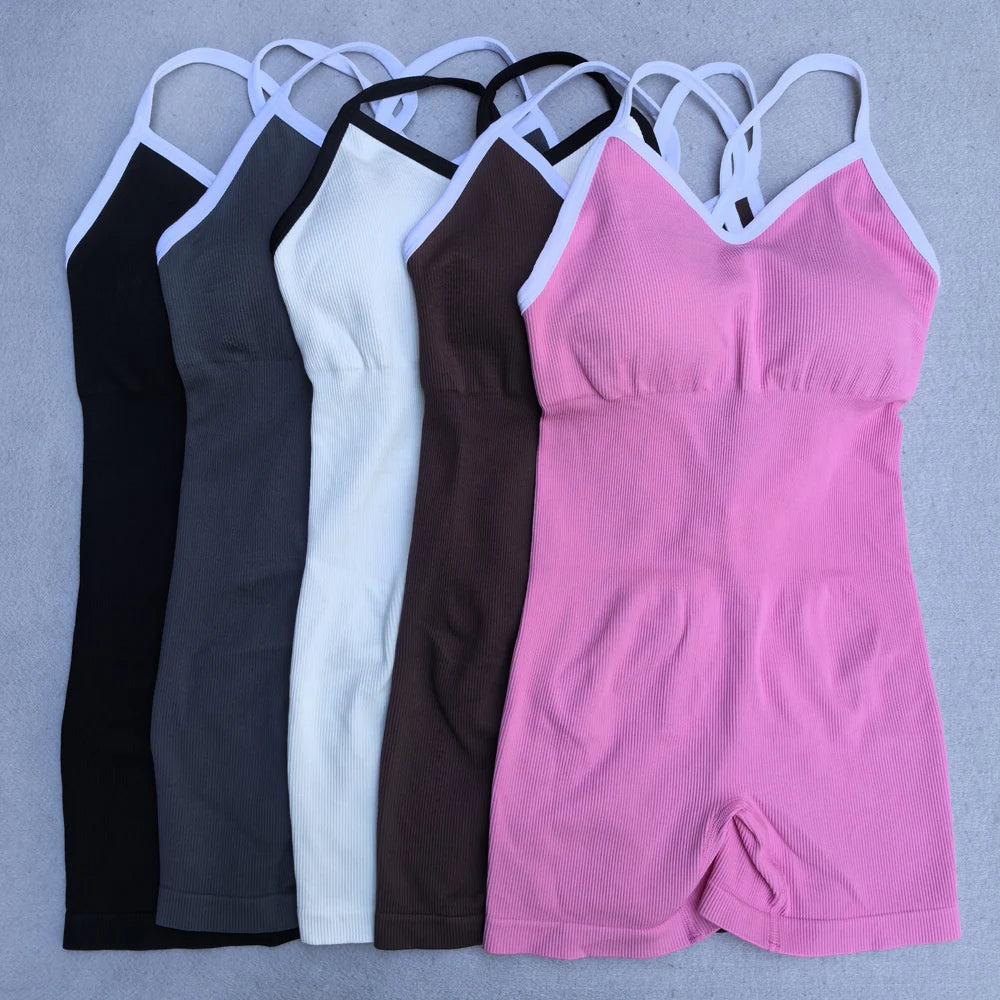 Women's Contrast Trim Nylon Blend Workout Romper with Thin Crossed Straps