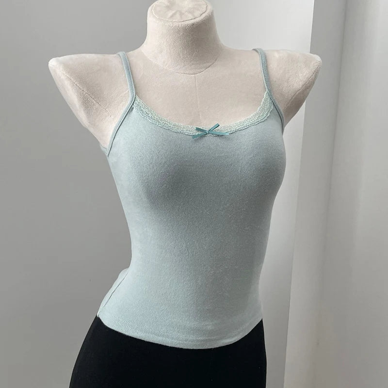 Women's Lace Trim Cotton Camisole with Bow Detail and Multiple Pattern Options