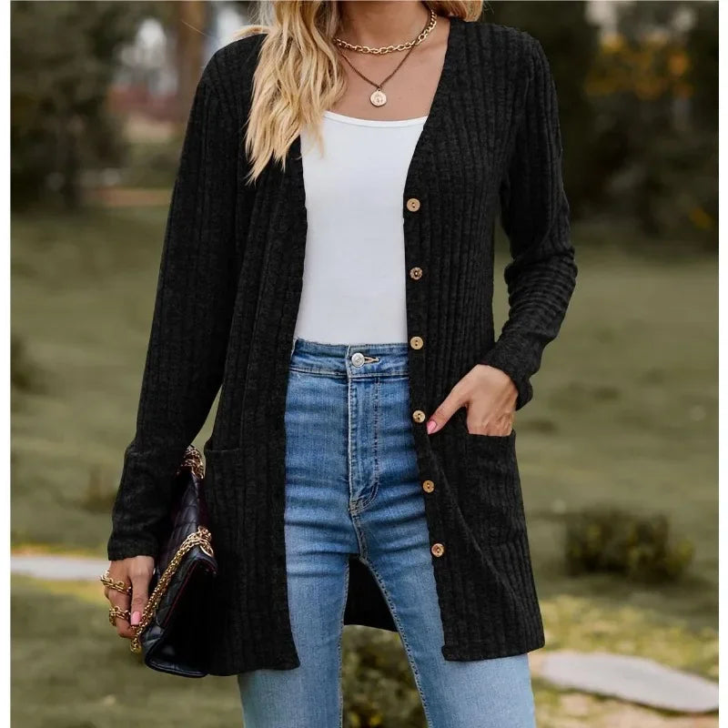 Women's Long Ribbed Button Front Cardigan Casual Knit Layer