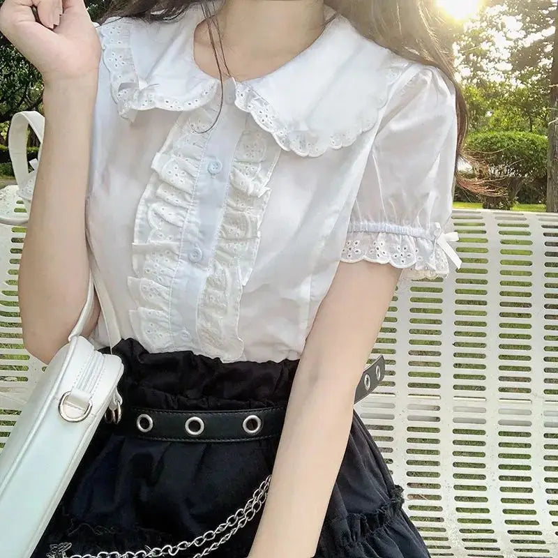 Women's Ruffled Collar Short Sleeve Button Front Blouse