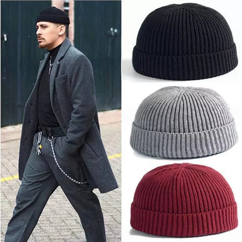 Short Ribbed Knit Beanie with Folded Cuff Shape