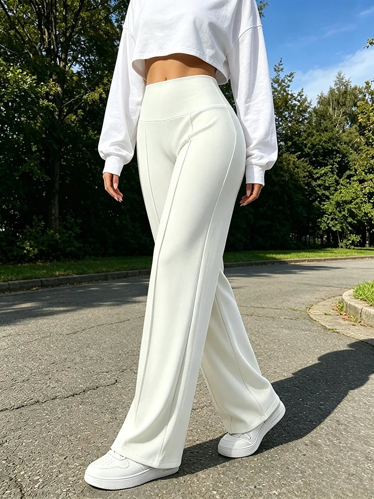 Women's Ivory Polyester Blend Wide Leg Pants for Yoga and Casual Outfits