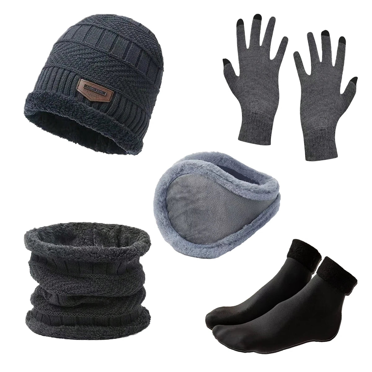 Men's Winter Hat Ear Protector Gloves Neck Hood and Socks Set