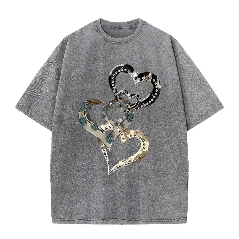 Retro Acid Wash Oversized T-shirt Metallic Multi Heart Print Punk Rivet Design Casual Street Tops