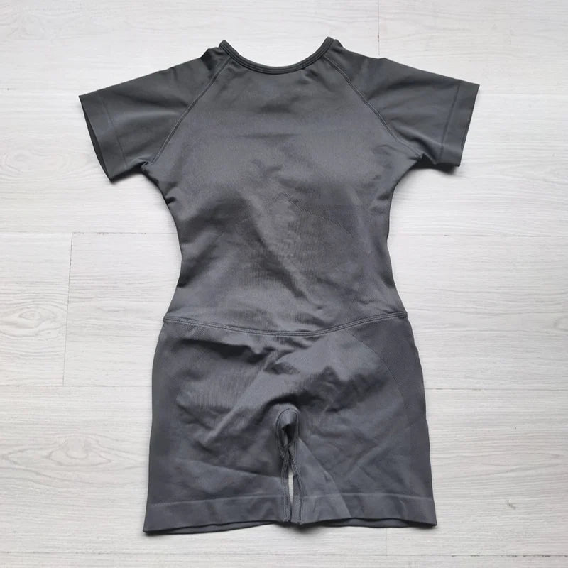 Women's Short Sleeve Nylon Workout Romper with Open Back and Fitted Shorts