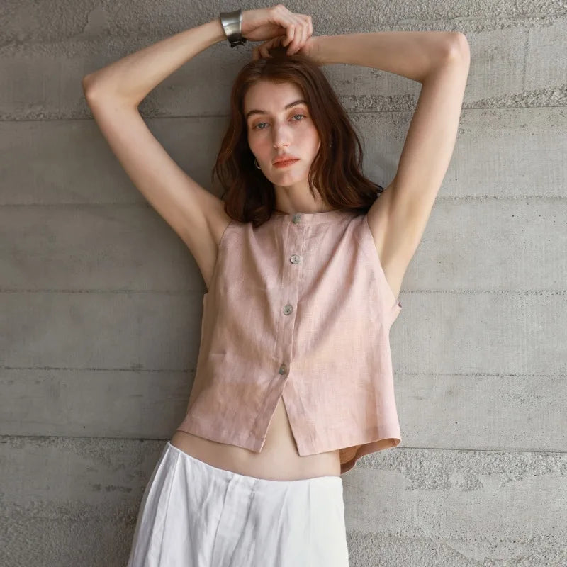 Women's Linen Sleeveless Cropped Tank Top with Button Detail for Casual Outfits