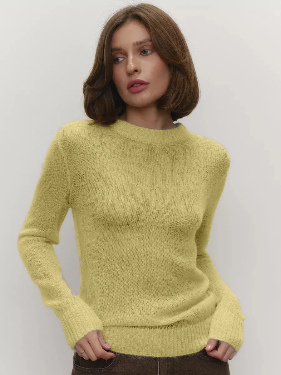 Women's Sheer Crew Neck Long Sleeve Sweater Casual Knit Layer