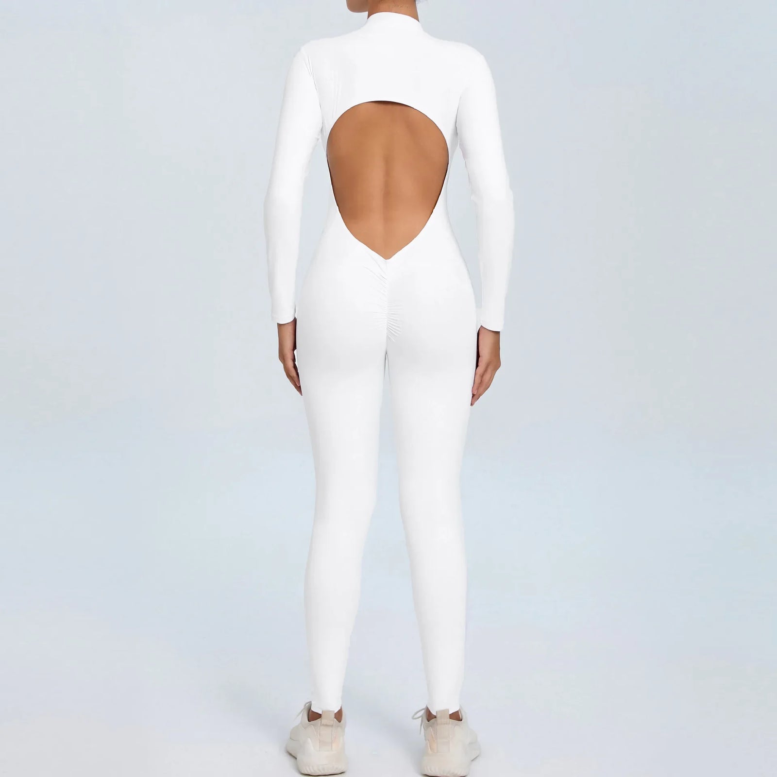 Women's Long Sleeve Nylon Blend Workout Jumpsuit with Zip and Back Cutout