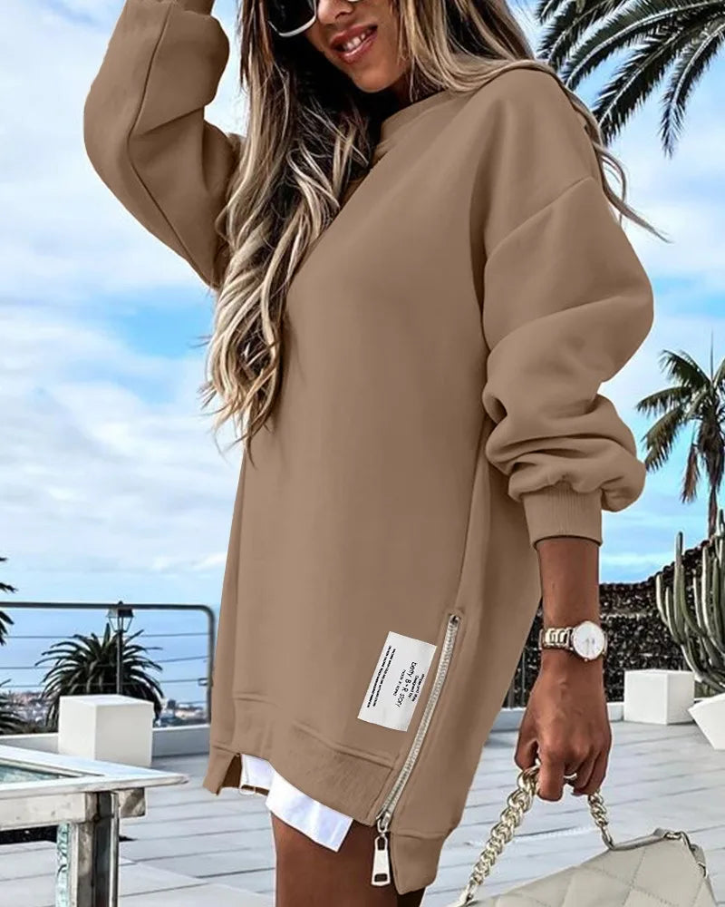 Long Crew Neck Sweatshirt with Side Zip and Layered Hem