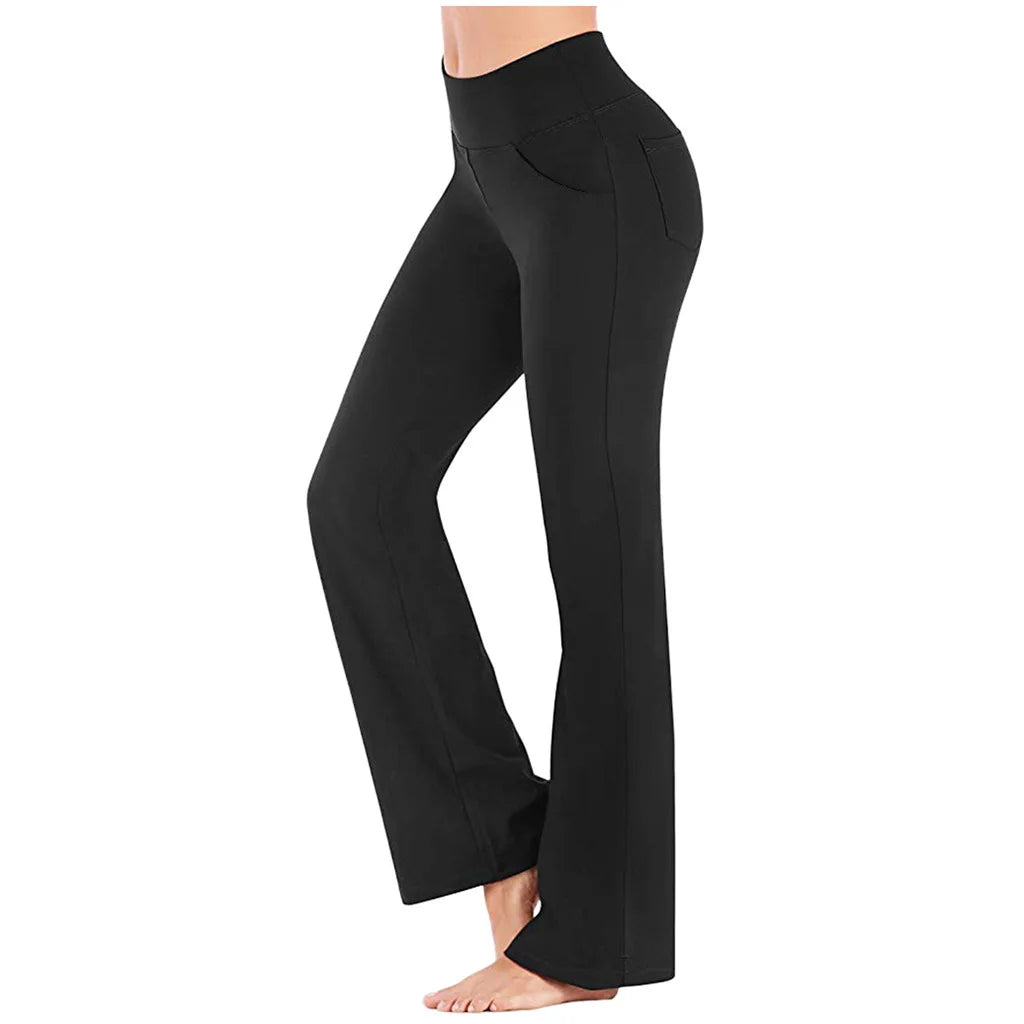 Women's High Waist Polyester Flared Workout Pants with Side Pockets