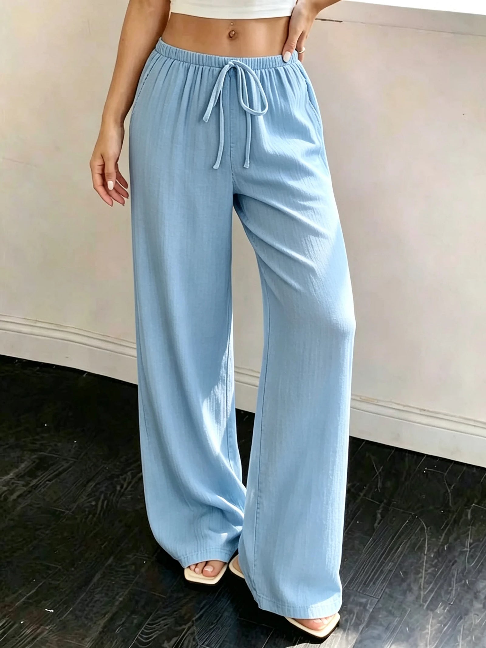 Women's Crinkle Textured Polyester Blend Palazzo Pants with Elastic Waist
