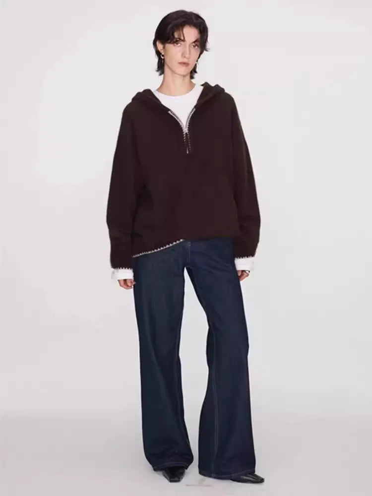 High-end half-zipper hooded 100% cashmere knitted sweater women loose and thick sweater base hoodie top