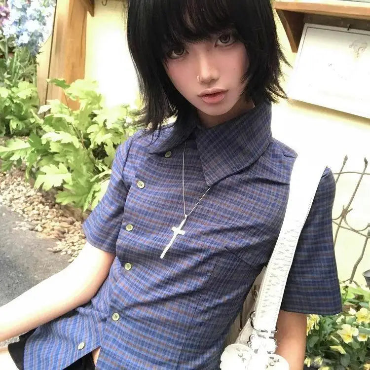 Women's Checked Asymmetric Collared Shirt