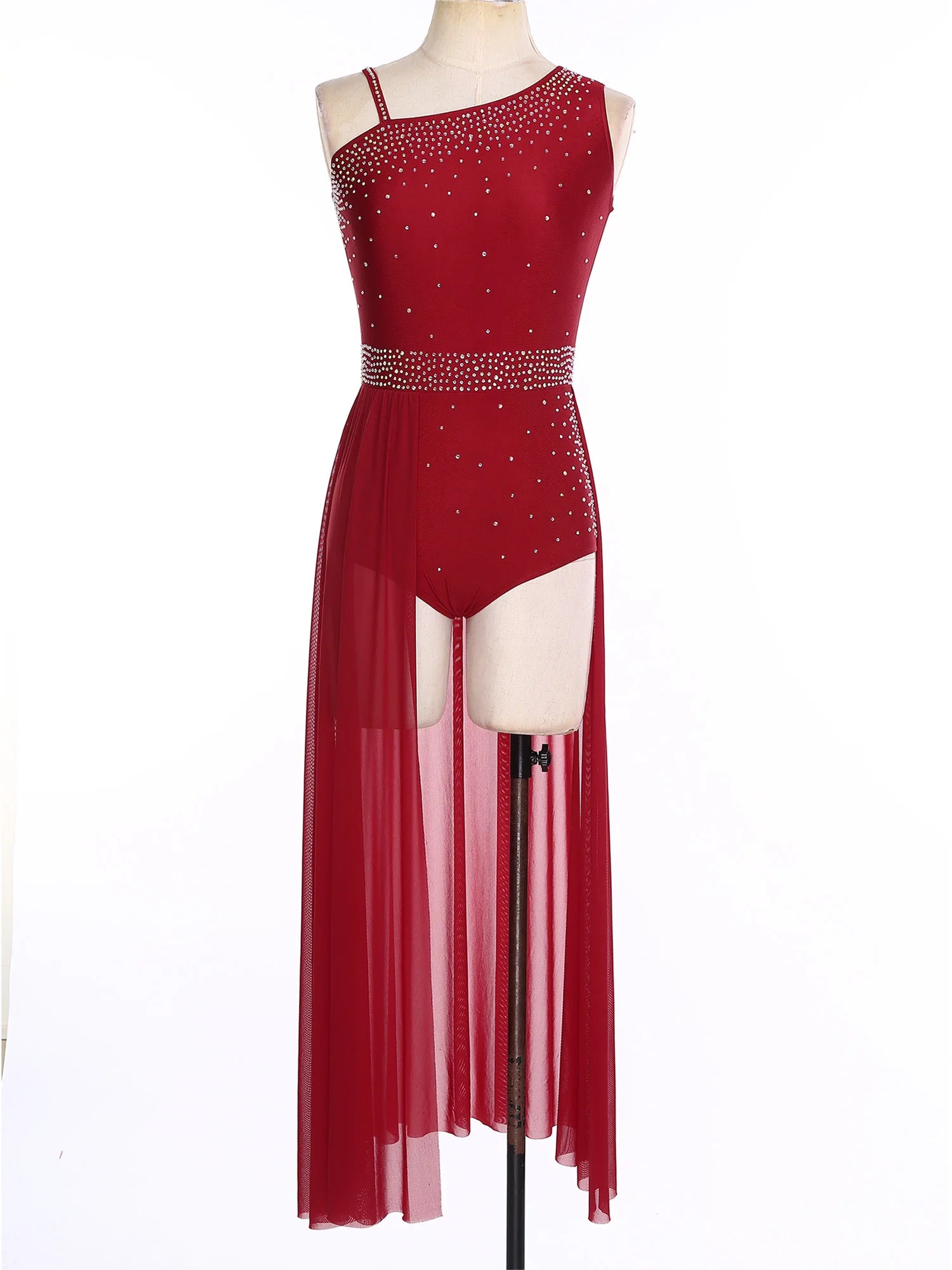 Women's Asymmetric Rhinestone Dance Dress with Split Mesh Skirt Styles