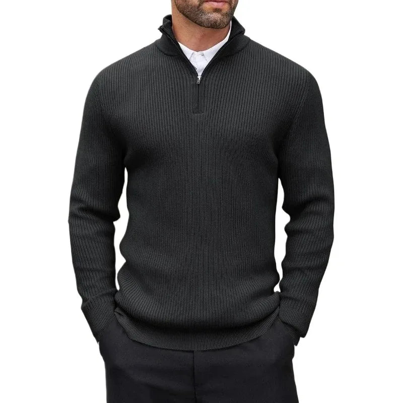Men's Quarter Zip Ribbed Long Sleeve Sweater