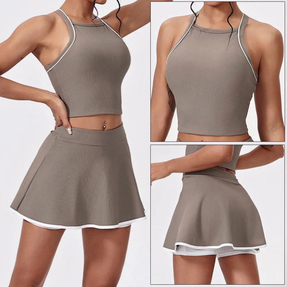 Women's Sleeveless Crop Top and Skort Workout Set