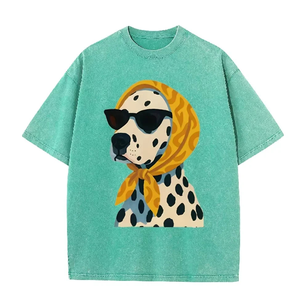 Distressed Vintage Washed Tee Stylish Cool Dalmatian Cartoon Animal Print Loose Fit Short Sleeve T Shirts