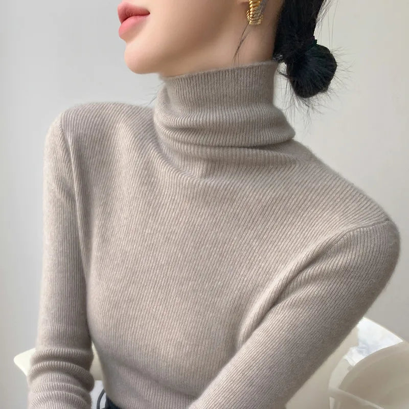 Women's Fitted Roll Neck Long Sleeve Sweater Casual Knit Layer