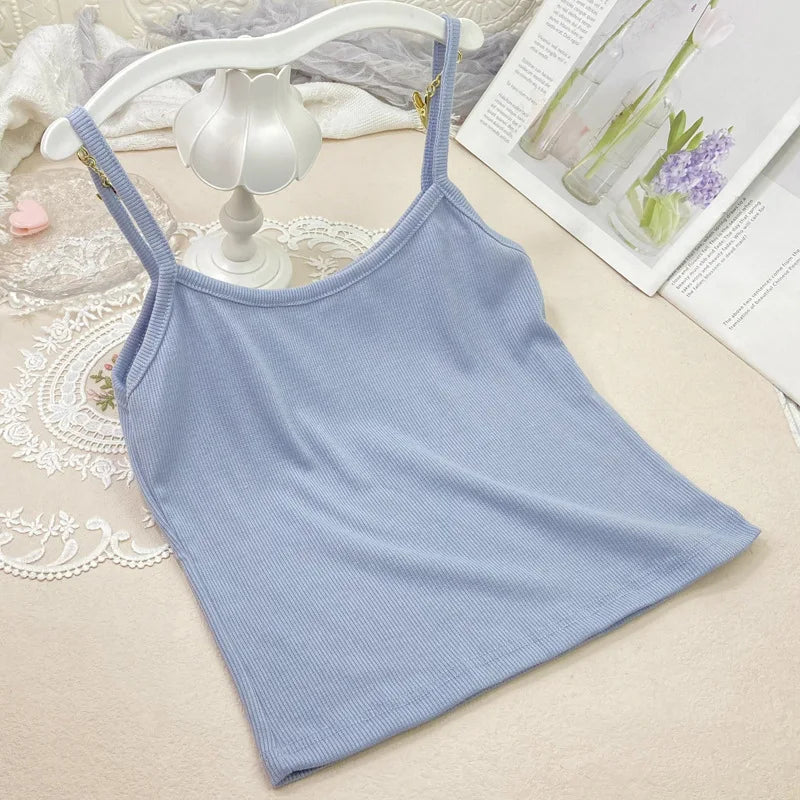 Women's Ribbed Crop Top with Spaghetti Shoulder Straps and Cropped Length