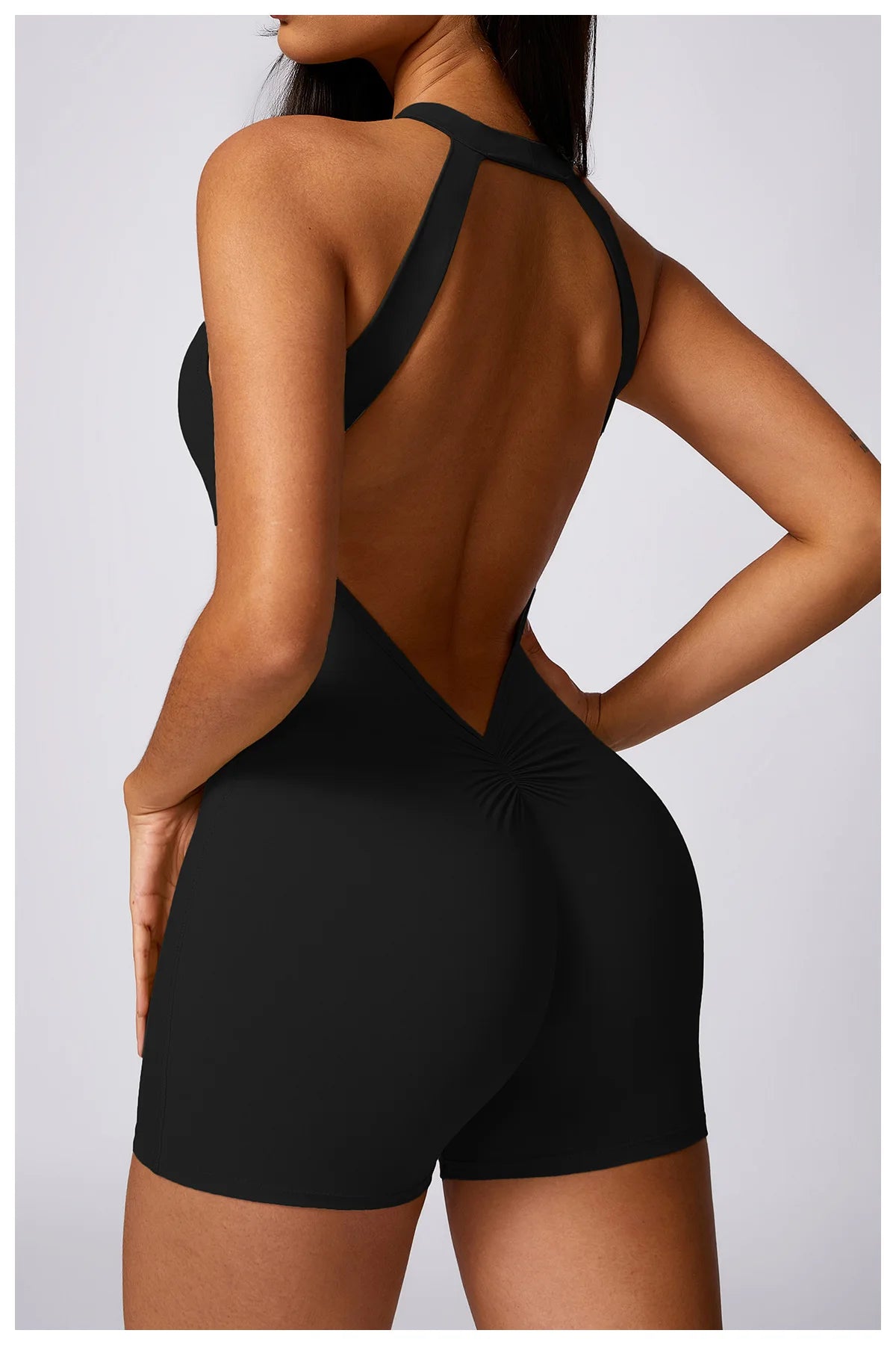 Women's High Neck Nylon Blend Romper with an Open Back
