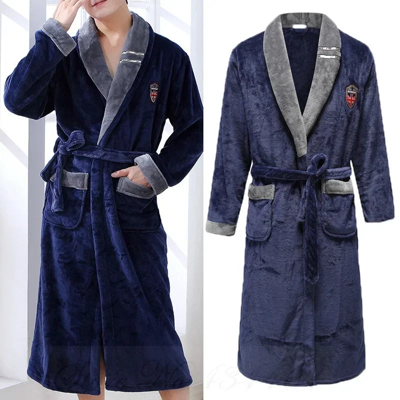 Men's Flannel Fleece Lapel Collar Tie Waist Bathrobe