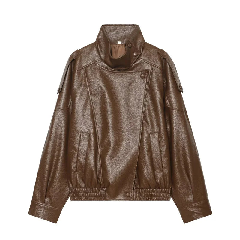 Women's Stand Collar Faux Leather Jacket for Layered Outfits