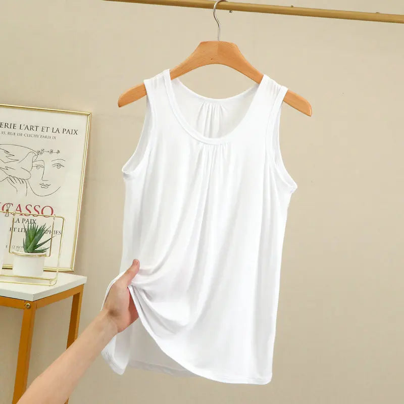 Women's Gathered Neck Polyester Modal Tank Top with Loose Sleeveless Fit