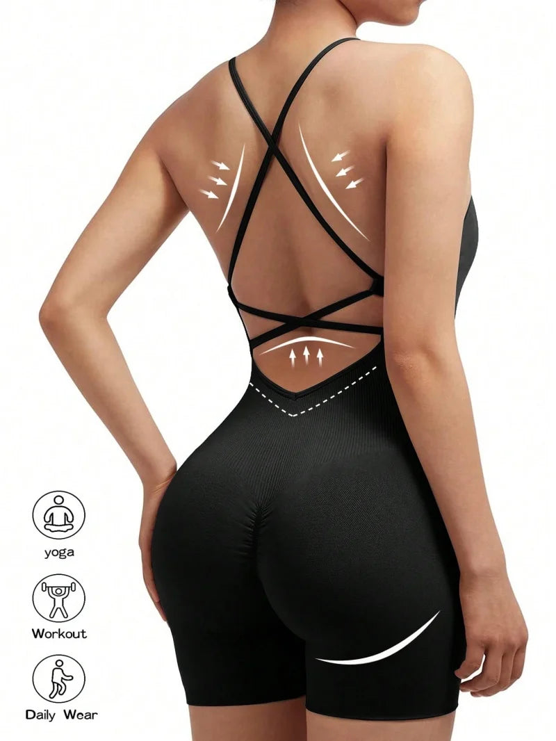 Women's Strappy Open Back Nylon Blend Romper for Yoga and Workouts