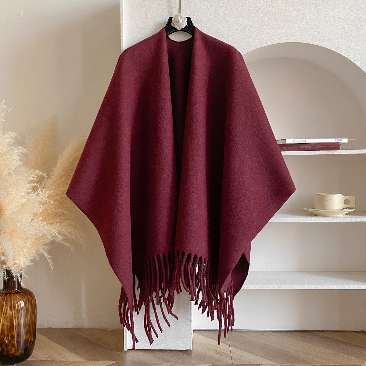 Solid Fringed Wrap Scarf for Layering over Outfits