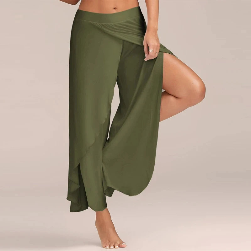 Women's Side Split Polyester Rayon Palazzo Pants with Flowing Wide Legs