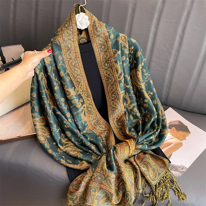 Paisley Floral Print Long Scarf with Fringed Ends