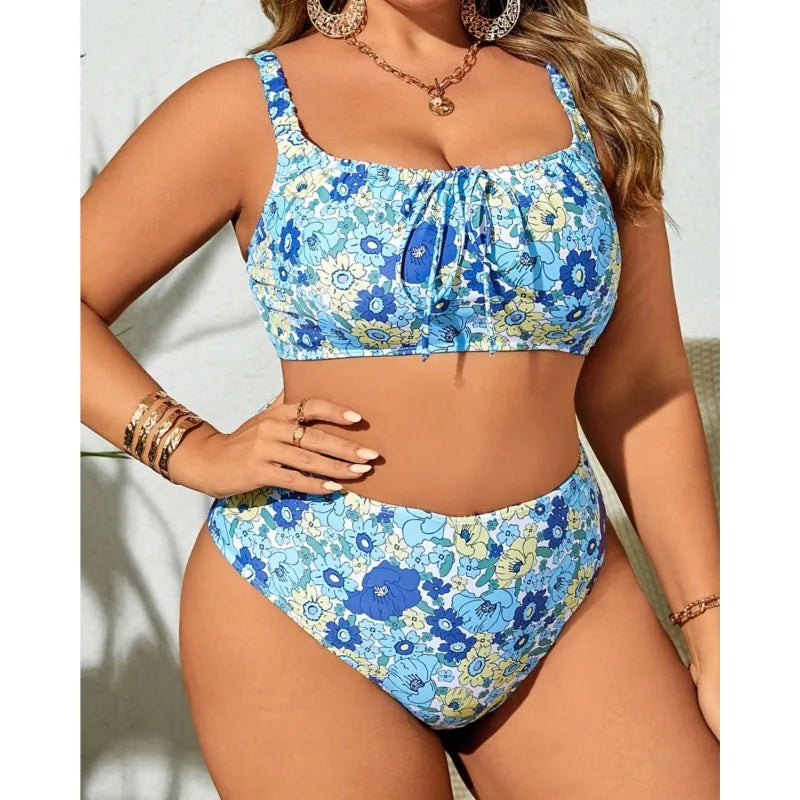 Women's Floral Print Ruched Top and High Waist Bikini Set