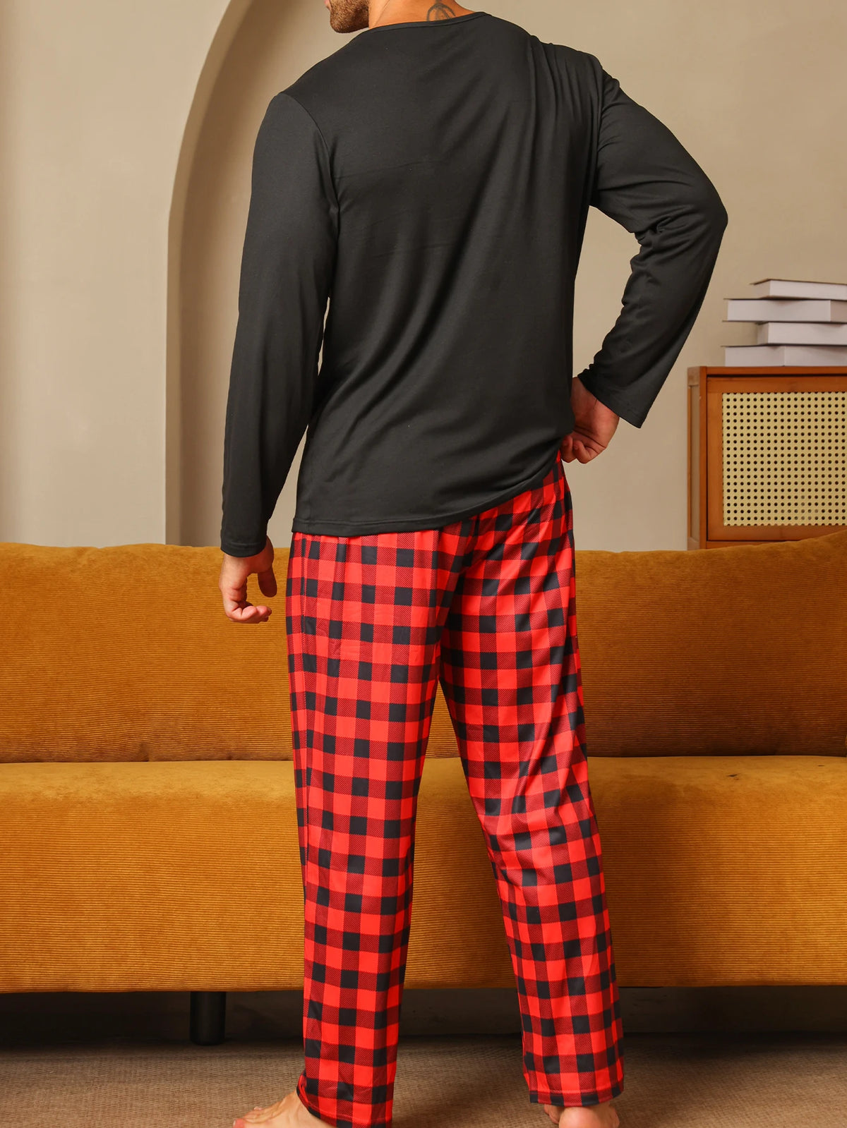 Men's Long Sleeve Pocket Top and Plaid Pants Pajama Set