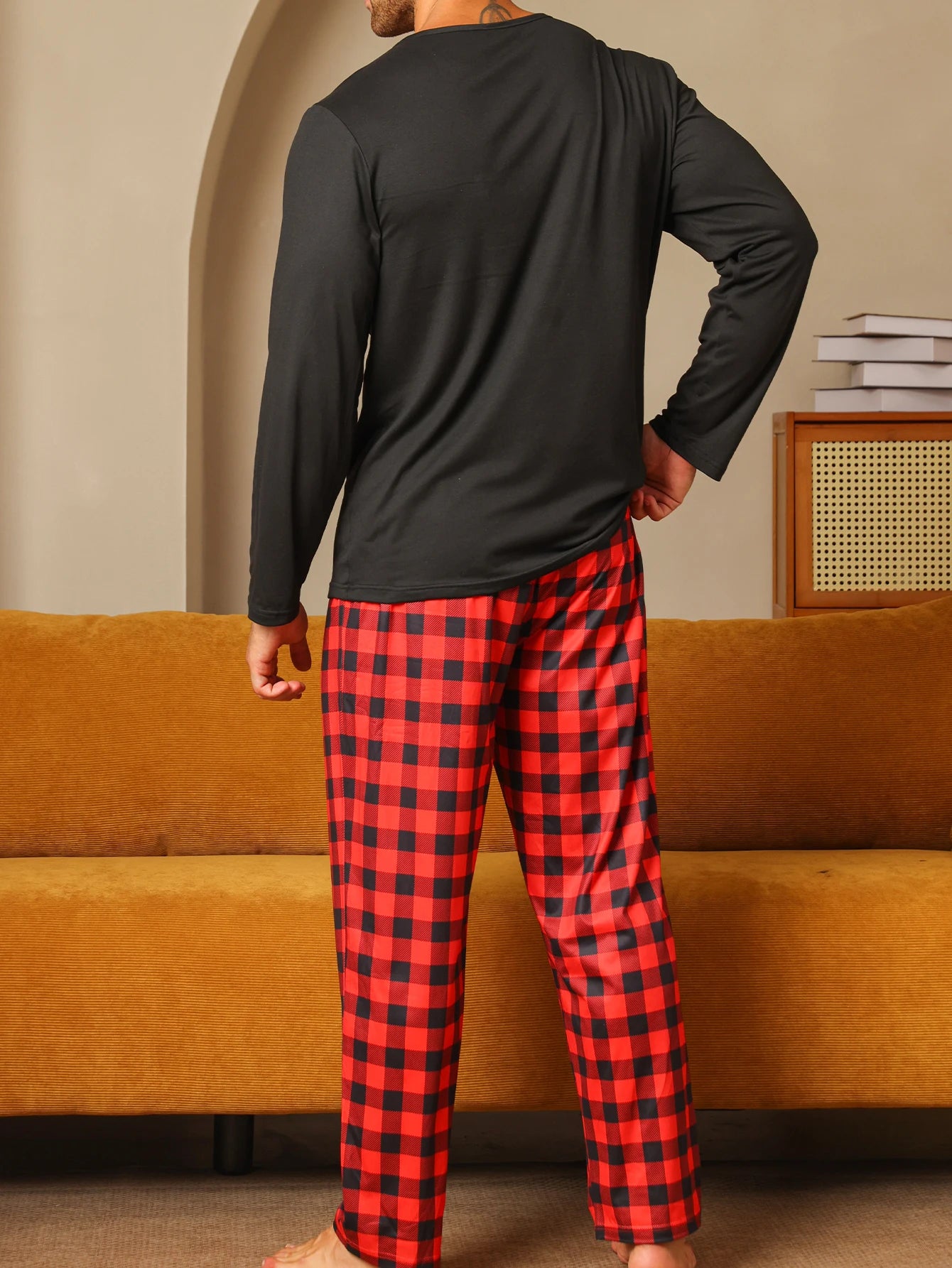 Men's Long Sleeve Pocket Top and Plaid Pants Pajama Set