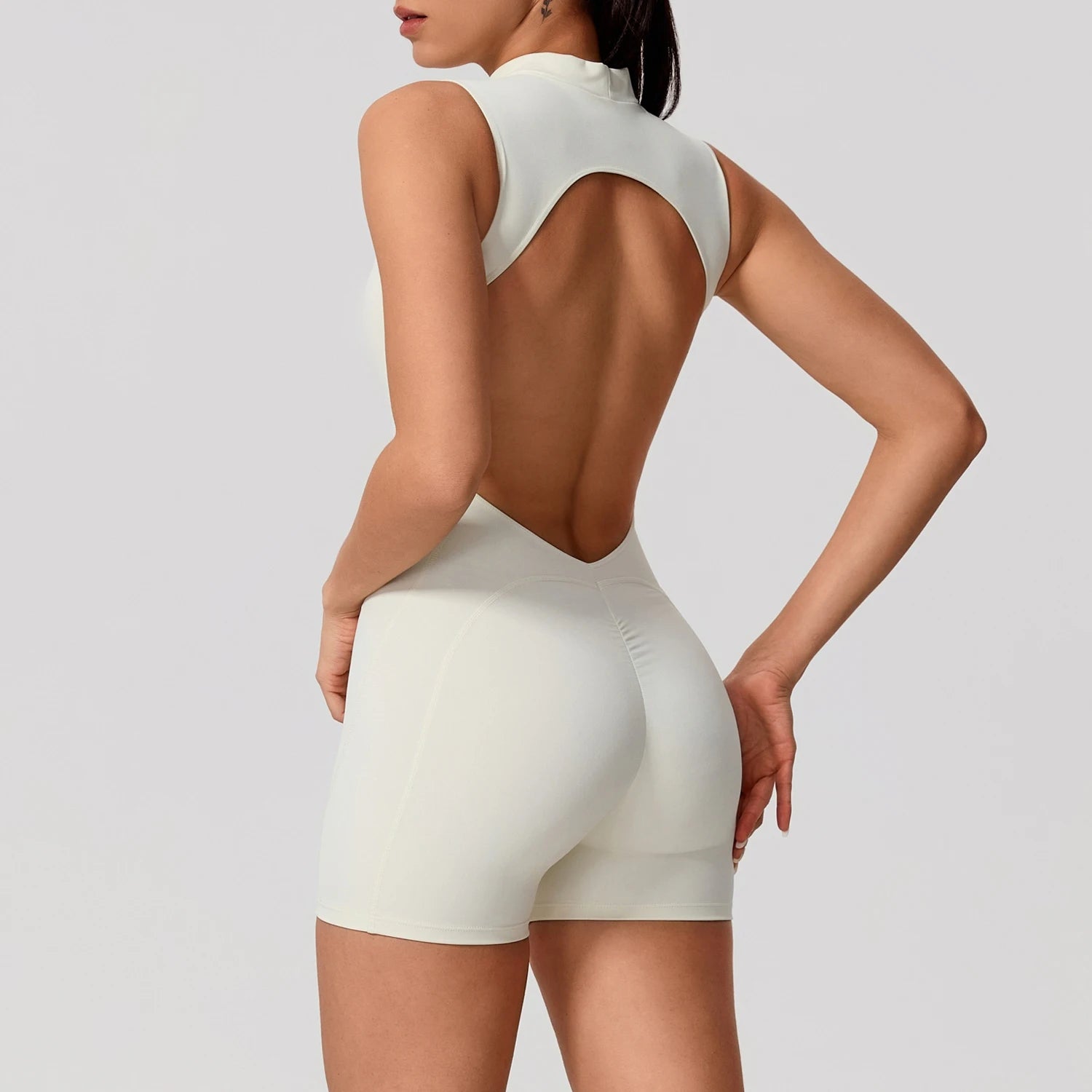 Women's High Neck Nylon Blend Workout Romper with Oval Back Cutout
