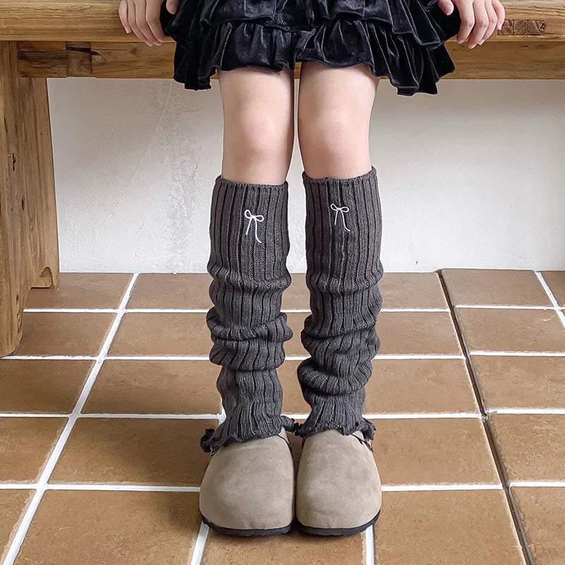 Children's Ribbed Leg Warmers with Decorative Embroidered Bow Detail