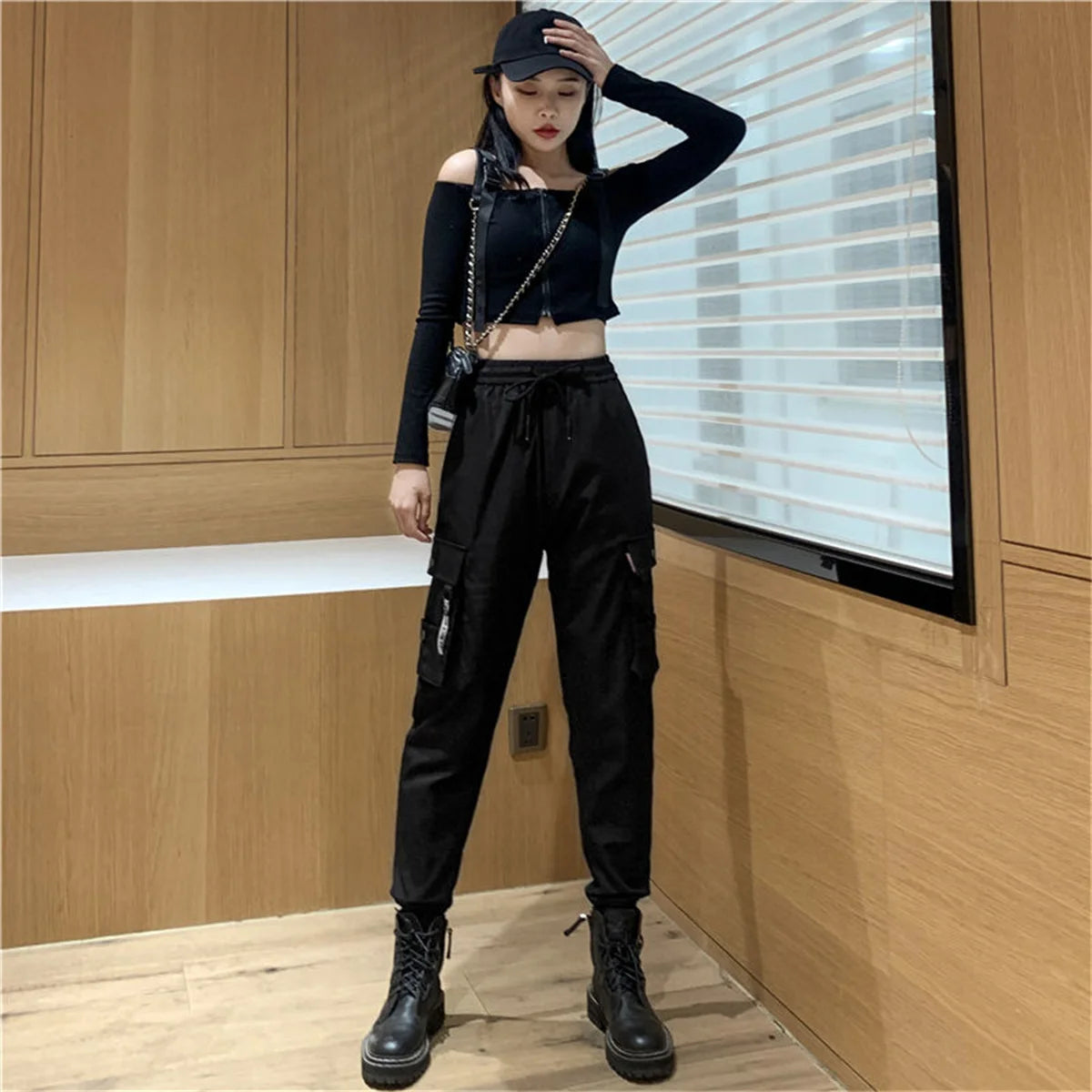 Women's Black Cargo Joggers with Pocket Tabs and Gathered Lower Legs