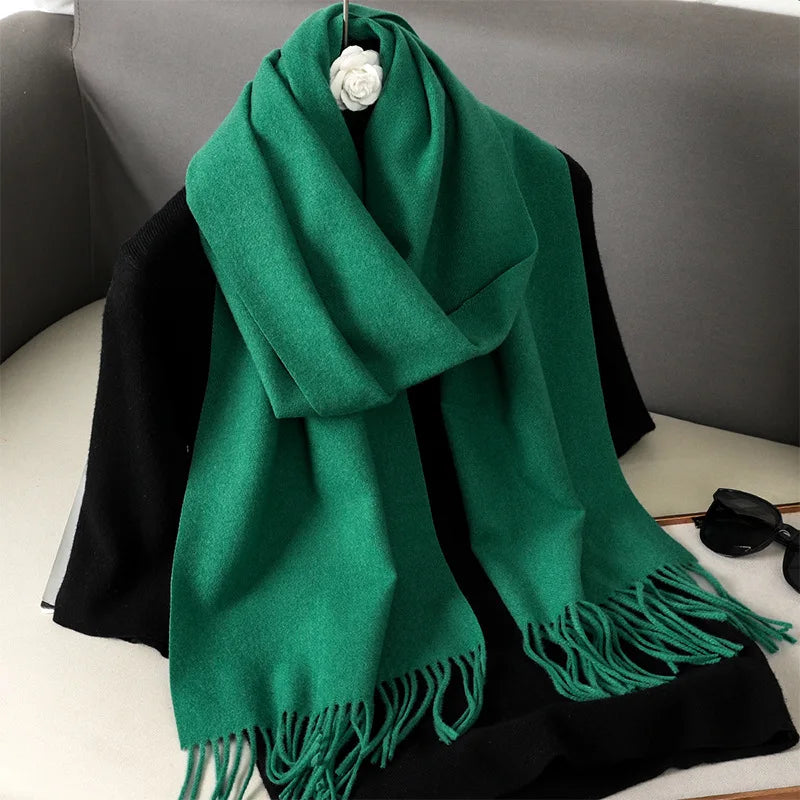 Solid Long Rectangular Scarf with Decorative Fringe Trim