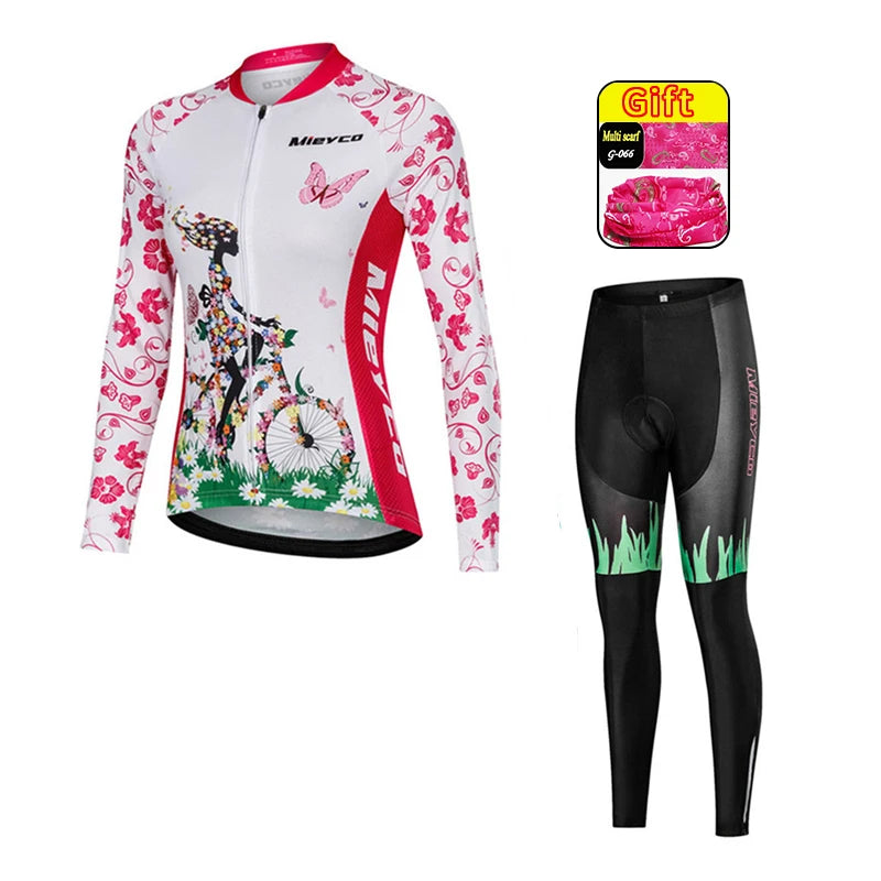 Women Long Sleeve Cycling Jersey Set MTB Bike Pants Kit Breathable Sportswear