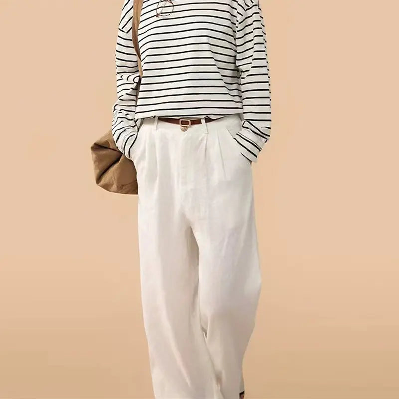 Women's Linen Loose Wide-Leg Pants with Button Fly and Practical Side Pockets