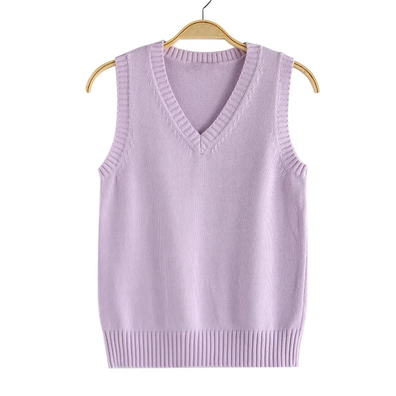 Women's Cotton-Polyester Sleeveless V-Neck Regular-Fit Knit Pullover Vest for Preppy Layered Outfits