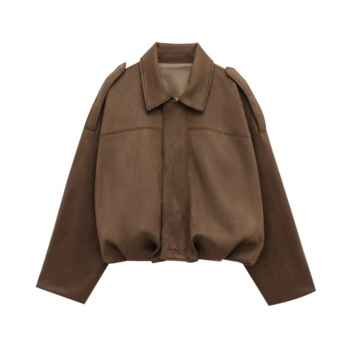 Women's Polyester Suede-Look Loose Long-Batwing-Sleeve Zip-Front Collared Jacket for Casual Autumn Outfits