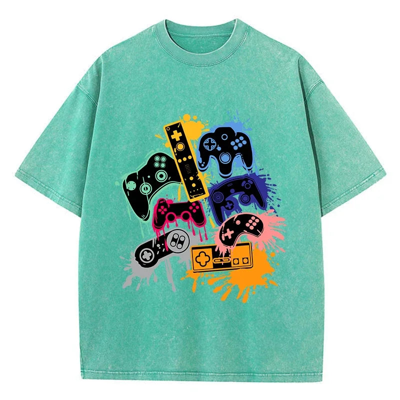 Game Console Graffiti Printing Washed T-Shirt Cotton T Shirts O-Neck Comfortable Distressed Tops Summer Mans Clothes