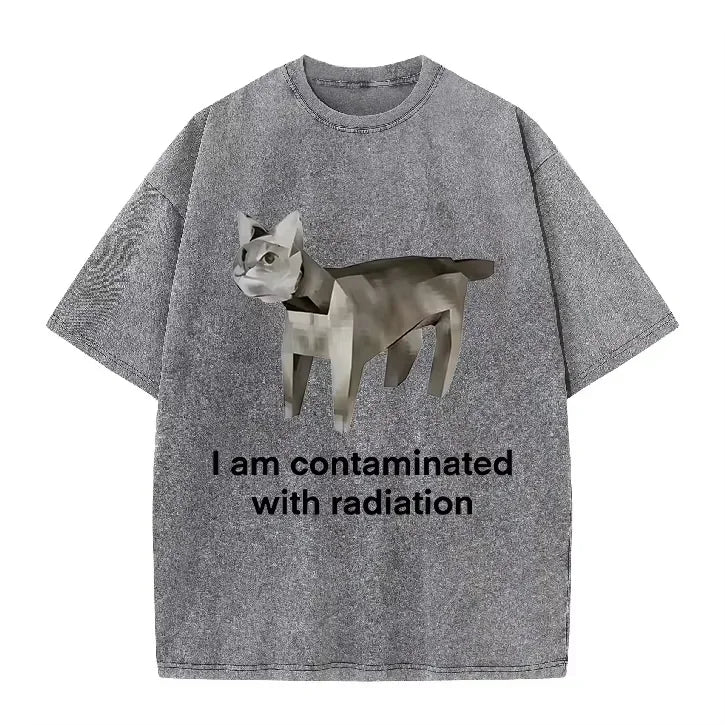 Vintage Washed Green Low Poly Radiation Cat I Am Contaminated Funny Meme Casual T Shirt
