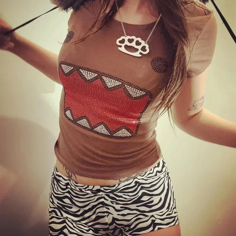 Women's Cartoon Monster Print Polyester Blend Crop T Shirt with Short Sleeves