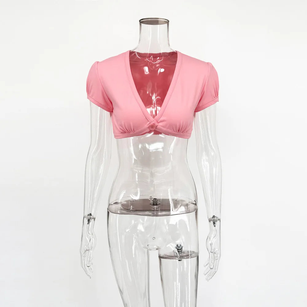 Women's Short Sleeve Polyester Crop Top with Deep V Neck and Front Button