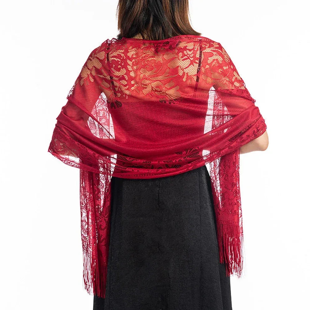 Floral Lace Fringed Wrap Scarf for Layering over Outfits