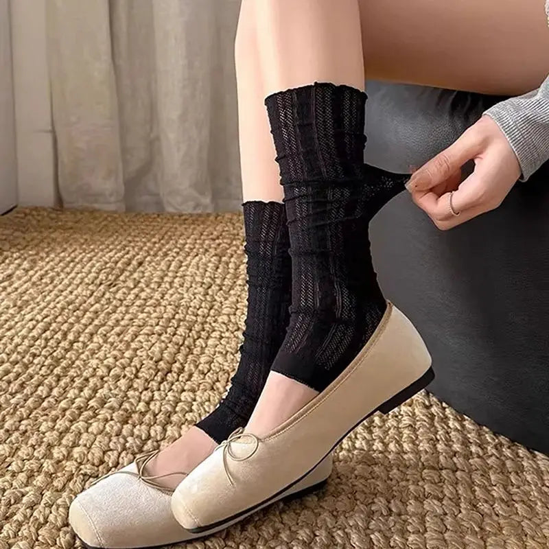 Sheer Ribbed Leg Warmers with Ruffled Cuffs and Stirrup Openings